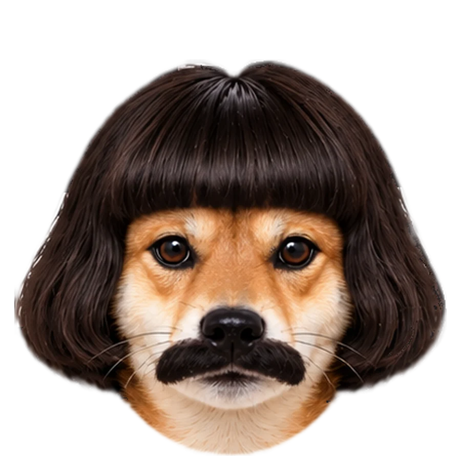INABU, a shiba with a black bowl-cut wig and a thick mustache