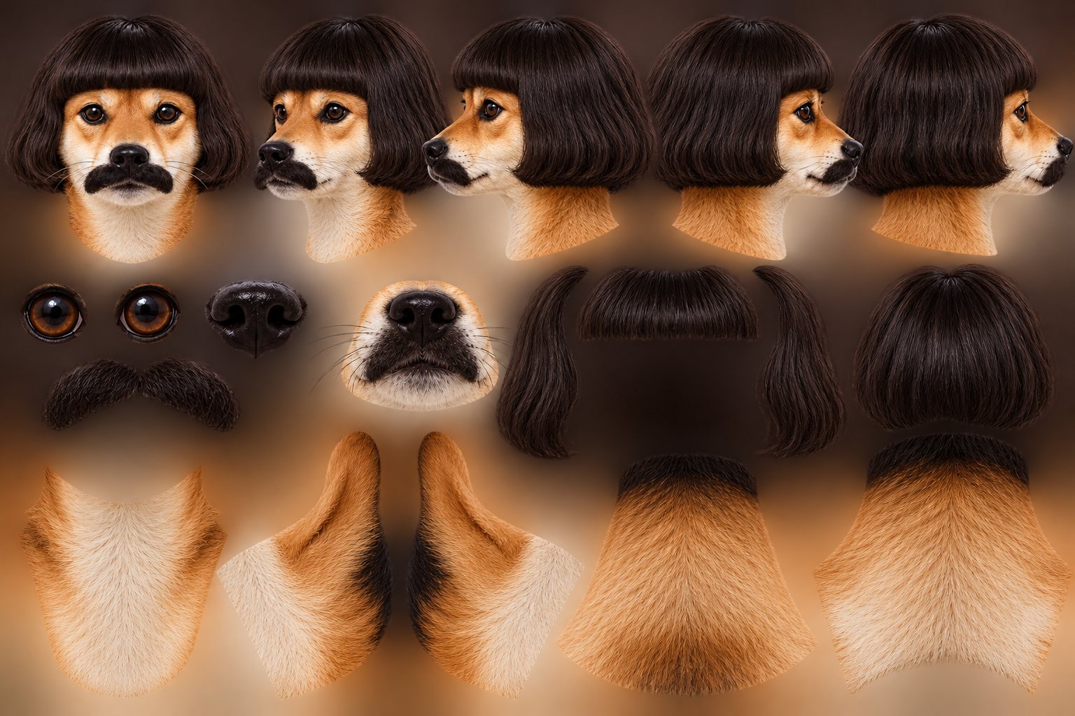 INABU assembly parts: heads from five angles, eyes, nose, mustache, wig pieces and fur